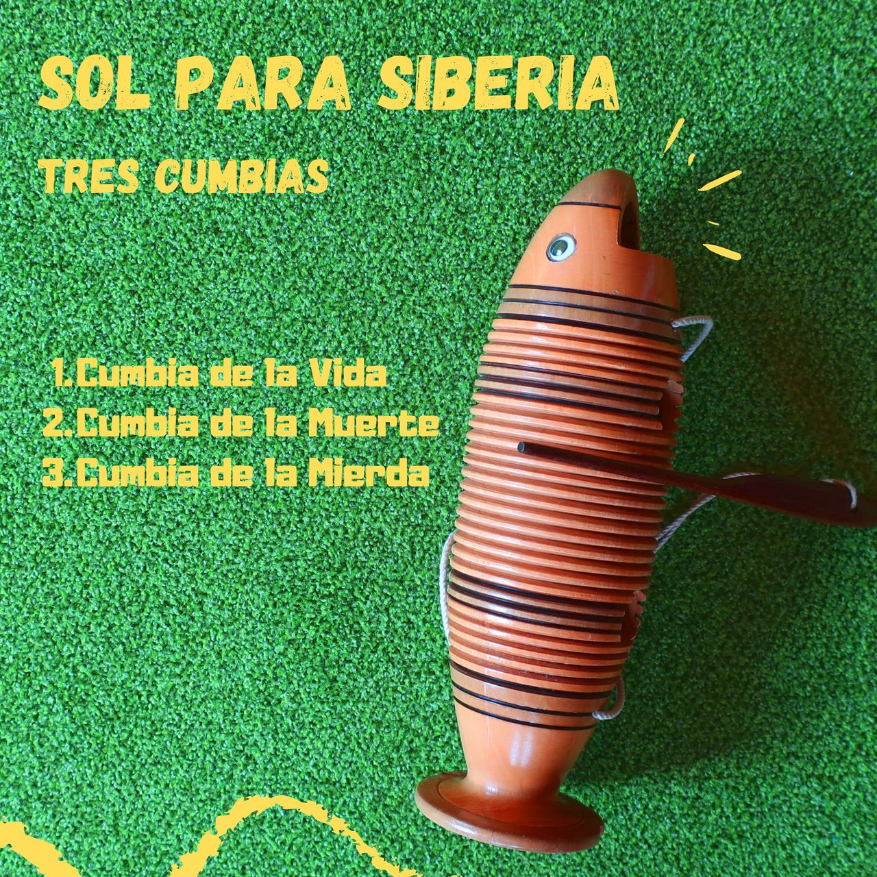 A guacharaca in fish shap in front of a green background